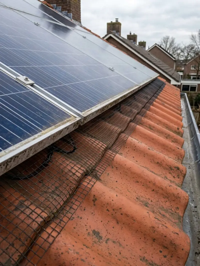 Dezelfde panelen met net vogelweringsgaas langs de randen